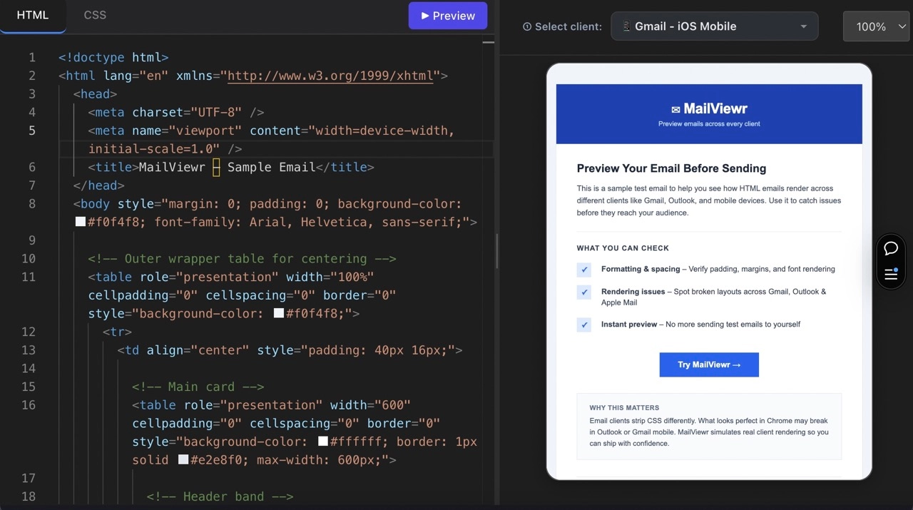 Test email rendering in Gmail, Outlook and mobile devices - MailViewr preview